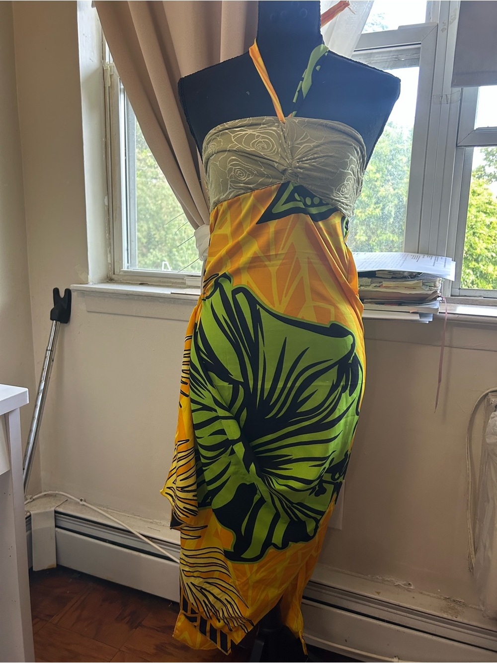 Women’s Tropical Halter Swim Cover-Up Dress in Green and Yellow